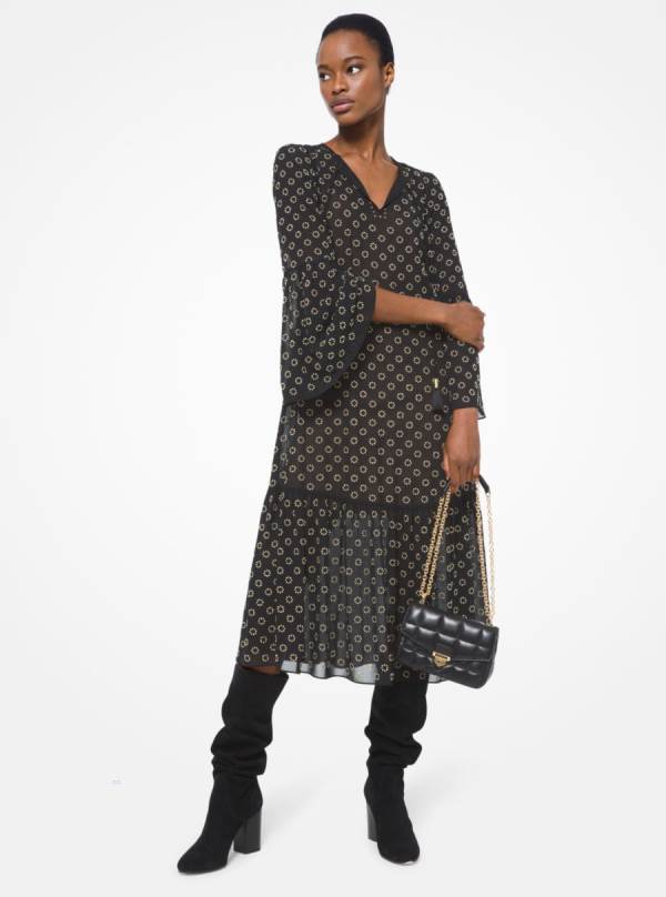 Damske Saty Michael Kors Embellished Georgette Bell-Sleeve Caftan Čierne Zlate - Oblecenie Michael Kors Vypredaj | SOUJQ-5031